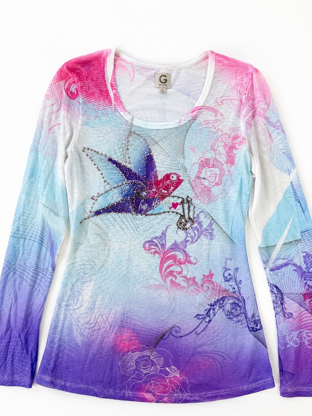 G by Guess Y2K McBling Rhinestone Bird Tattoo Graphic Top L
